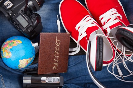 passport and other stuff for your holiday close-upの写真素材