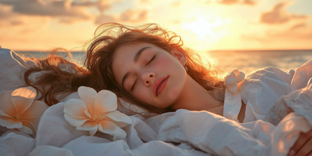 Dreaming by the ocean at sunset, surrounded by soft petals and gentle waves embrace in a tranquil paradise moment. Generative AIの素材