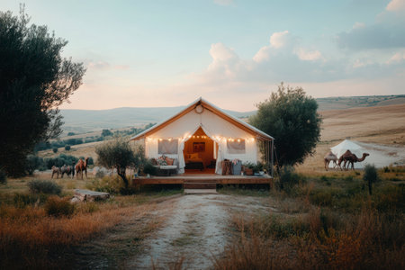 Rustic glamping tent nestled in a serene landscape with camels at dusk, enhancing the adventure experience. Generative AIの素材