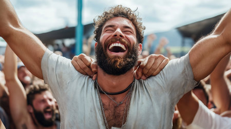 Joyous celebration at an outdoor festival with friends, filled with laughter and happiness in a vibrant atmosphere. Generative AIの素材