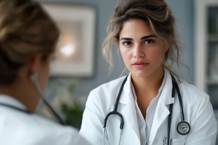 Young healthcare professional reflecting on her commitment to patient care in a serene clinic environment. Generative AIの素材