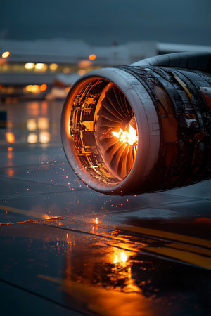 Engines fiery glow illuminates the rainy airport runway during evening operations. Generative AIの素材