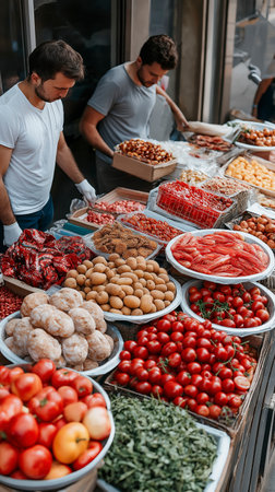 Vibrant fresh produce market with vendors organizing colorful fruits and vegetables in the daytimeの素材