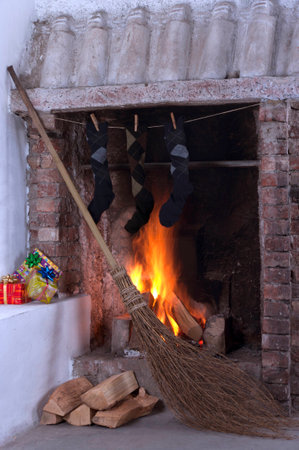 fireplace with stockings and gifts of the Epiphanyの写真素材
