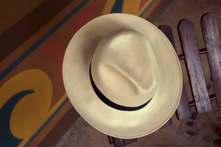panama hat natural color with black hat bandの写真素材