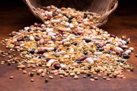 wicker basket with legumes and cereals on a wooden tableの写真素材