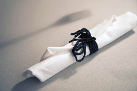white napkin tied with blue string and the shadow of a forkの写真素材