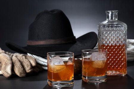 Two glasses of whiskey with ice, hat and gloves on black backgroundの写真素材