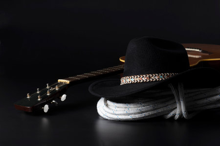guitar, cowboy hat and rope on a black background.の写真素材