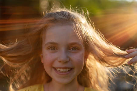 A portrait of a young girl with long bright hair and freckles in sunlightの写真素材