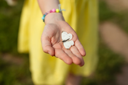 Hand of a girl in the yellow dress with a butterfly in it. Closeupの写真素材