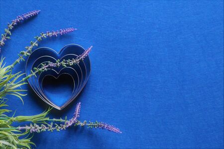 many hearts and lavender flowers  in trendy color of year 2020 on classic blue background. Copy space.の写真素材