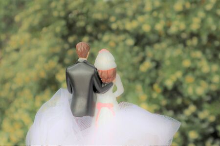 wedding concept. newlywed figurine against the background of a flowering bush of white flowers.
 Copy spaceの写真素材