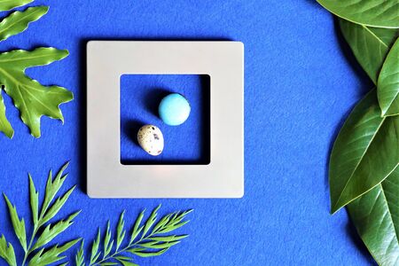 On a blue trendy background, eggs in a gray, silver frame. Green leaves of tropical plants. Trendy color background. Close up. Copy spaceの写真素材