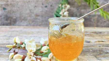 Acacia honey and flowering acacia on wooden table. Acacia honey, acicia flowers and honey spoonの写真素材