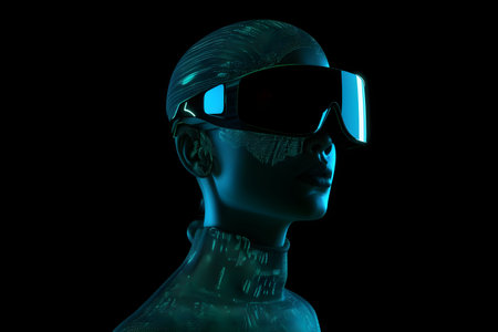 Humanoid robot head with internal cyber mechanical artificial brain technology. side view on black background. Generative AI.の素材