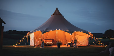 Glamping at night, glowing tent, nightlights. Luxury glamorous camping. Glamping in the beautiful countrysideの素材