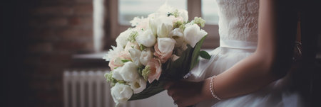 beautiful wedding bouquet in the hand of the bride. Generative AI.の素材