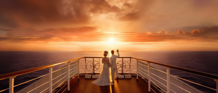 a bride and groom standing on the deck of a cruise ship with a sunset view, Generative AI.の素材