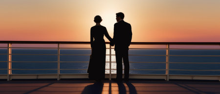 a bride and groom standing on the deck of a cruise ship with a sunset view, Generative AIの素材