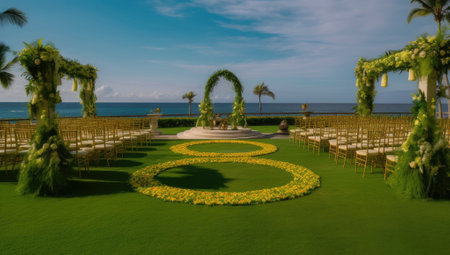 outdoor ceremony with wedding chairs. Generative AI.の素材