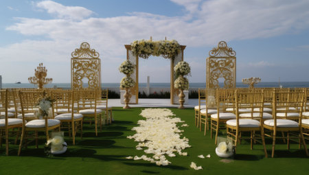 outdoor ceremony with wedding chairs. Generative AI.の素材