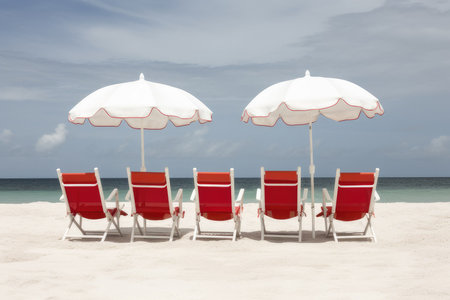 Some of deck chairs and an umbrella on a deserted beach. perfect vacation concept. Generative AI.の素材