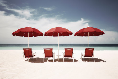Some of deck chairs and an umbrella on a deserted beach. perfect vacation concept. Generative AI.の素材