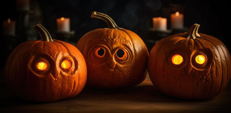 Halloween pumpkin head jack lantern on wooden background. Halloween background. Generative AI.の素材