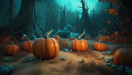 Pumpkins in the spooky forest in the moonlight. Halloween background. Generative AI.の素材