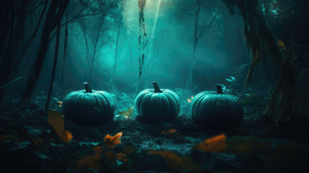 Pumpkins in the spooky forest in the moonlight. Halloween background. Generative AI.の素材