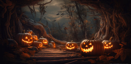 Pumpkins in the spooky forest in the moonlight. Halloween background. Generative AI.の素材