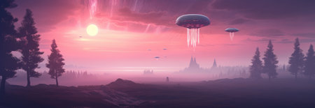 alien, starship, space in the style of light violet and pink, whimsical realism, dramatic skies. Generative AI.の素材