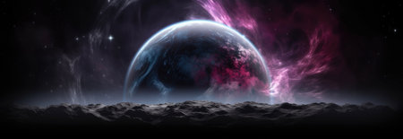 a planet in the space with clouds and a pink and purple planet, mysterious backdrops, dark gray and light crimson. Generative AI.の素材