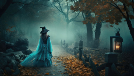 Autumn halloween background, smokey background, mysterious nocturnal scenes. Generative AI.の素材