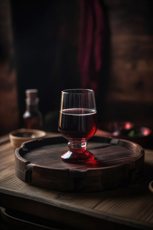 Glass of port wine on wooden table and over dark background, Generative AIの素材