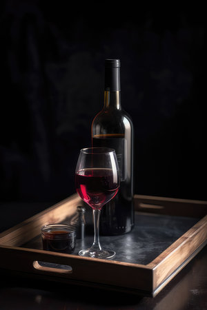 Glass of port wine on wooden table and over dark background, Generative AIの素材
