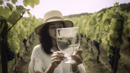 woman drinking white wine at vineyard. harvest season. Generative AI.の素材