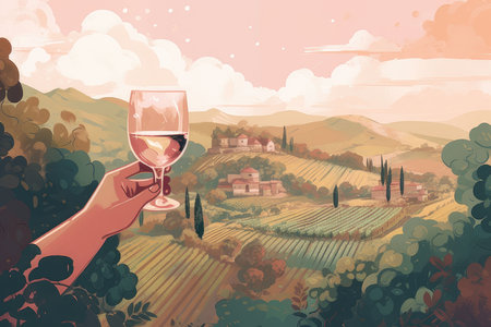 woman drinking white wine at vineyard. harvest season. Generative AI.の素材