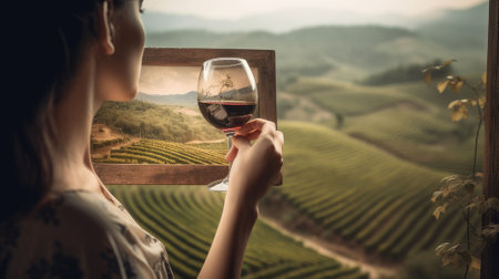 woman drinking red wine at vineyard. harvest season. Generative AI.の素材