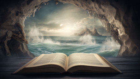 concept of reading. Opened magic book. Generative AIの素材