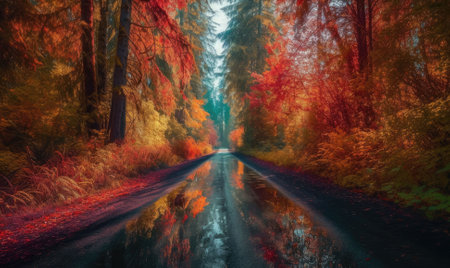 Autumn trees lining driveway. colorful leaves. Generative AIの素材