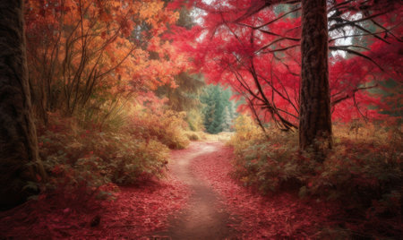 Autumn trees lining driveway. colorful leaves. Generative AIの素材