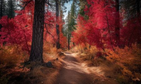 Autumn trees lining driveway. colorful leaves. Generative AIの素材
