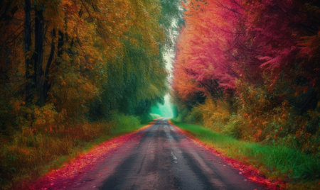 Autumn trees lining driveway. colorful leaves. Generative AIの素材