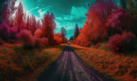 Autumn trees lining driveway. colorful leaves. Generative AIの素材