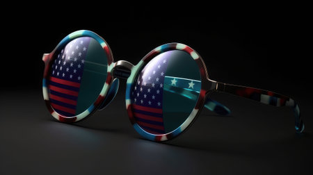 blue sunglasses on a blue background with red and white american flag design. Generative AIの素材