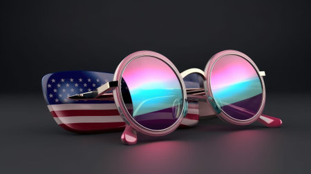 blue sunglasses on a blue background with red and white american flag design. Generative AIの素材