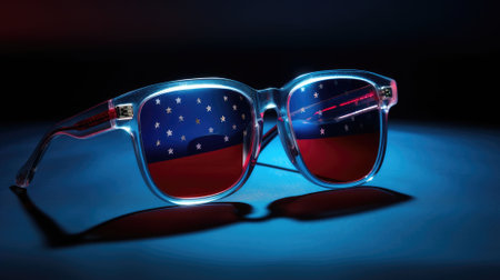 blue sunglasses on a blue background with red and white american flag design. Generative AIの素材