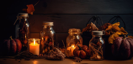 Festive autumn decorations with pumpkins and leaves on wooden background. Thanksgiving or Halloween day concept. Generative AIの素材